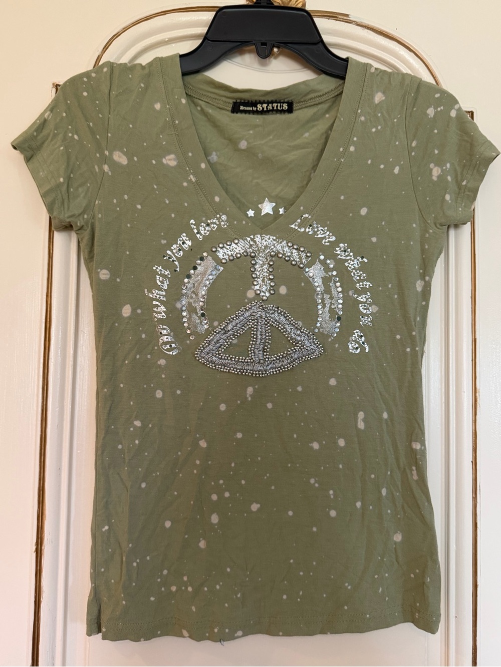 Olive Green V-Neck Tee with Rhinestone Logo